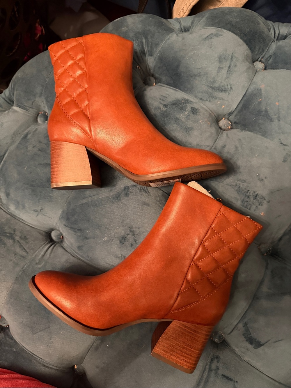 Quilted Cognac Leather Ankle Boots with Block Heel